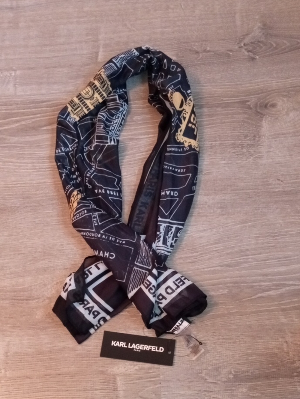 Karl Lagerfeld Black Scarf with Gold & White Map Motif